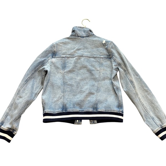 Pistola Denim Trucker Jacket Distressed Light Wash Varsity Cuffs Size L - Picture 2 of 11